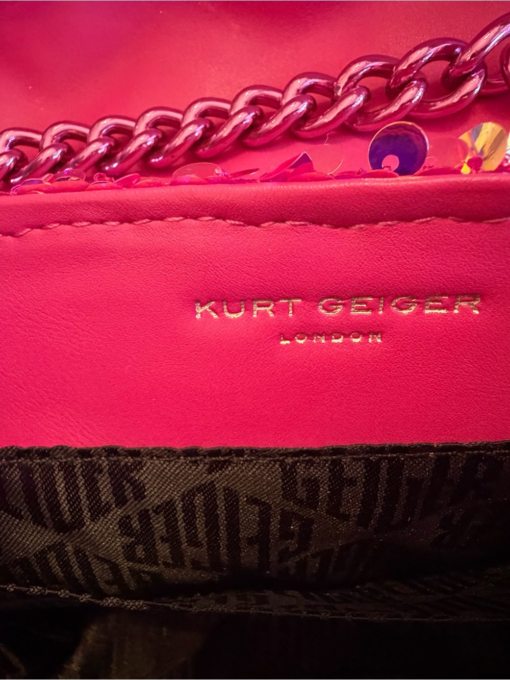 Kurt Geiger Kensington Fuchsia Pink and Gold Sequin Chain Crossbody Bag - Picture 6 of 13